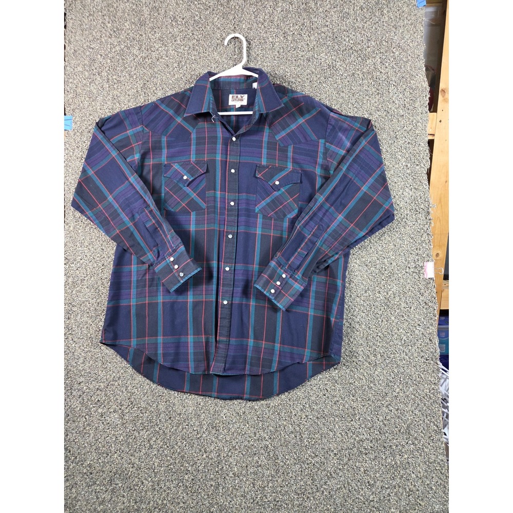 Ely Cattleman Button Down Shirt Mens 17.5 36 Blue‎ Plaid Pearl Snap Western Work